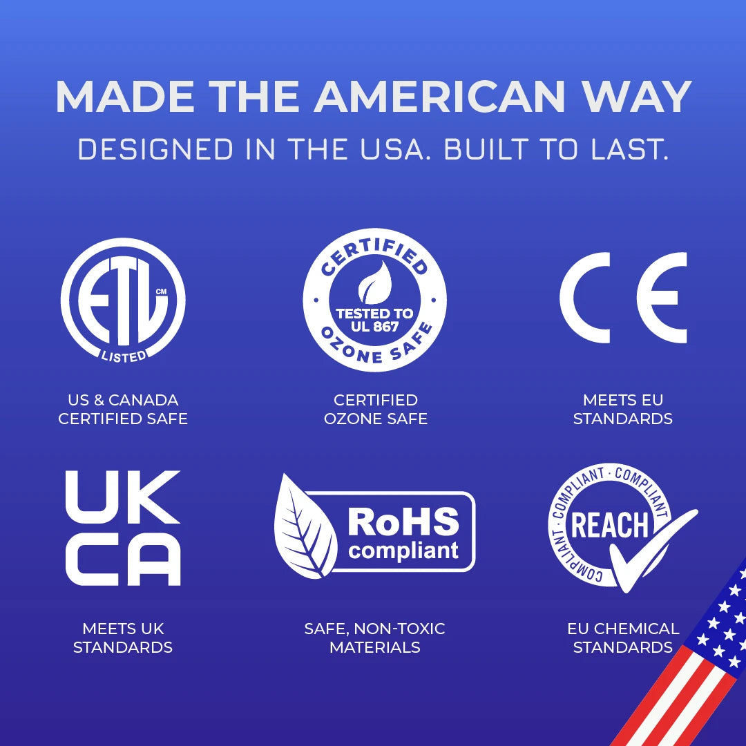 Collection of certification logos on a blue background with text 'Made the American Way'.
