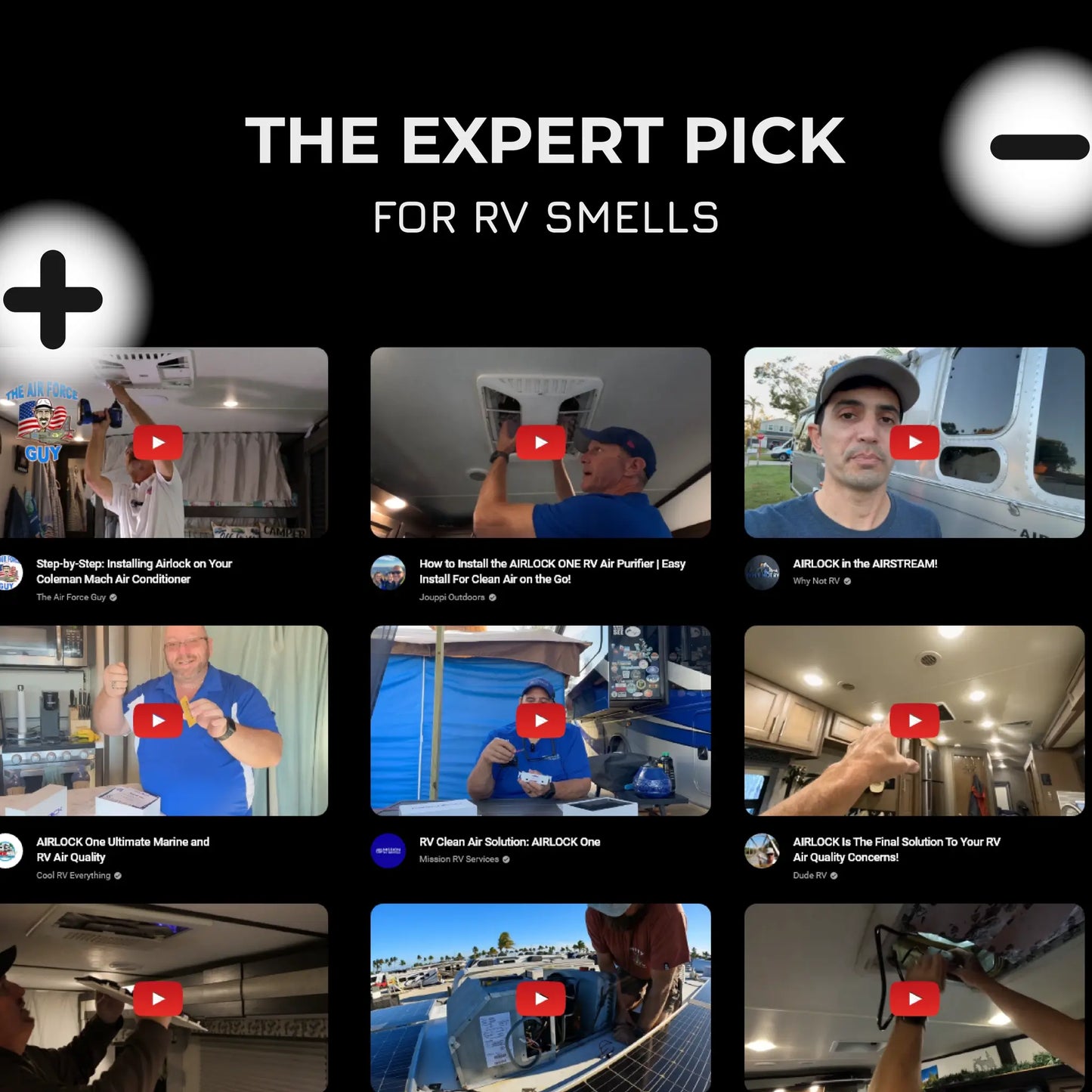 Grid of video thumbnails on a black background with text 'The Expert Pick for RV Smells'.