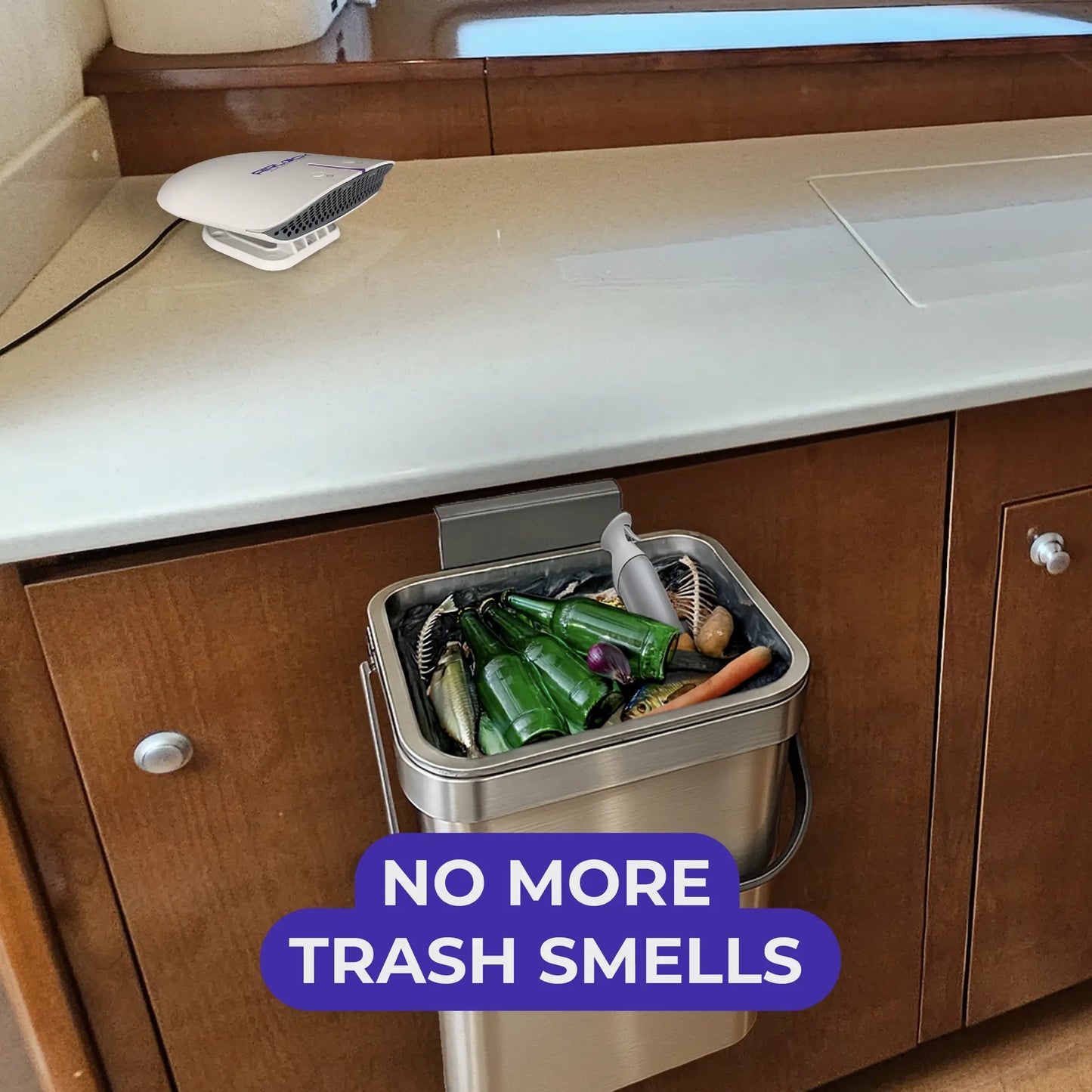 AIRLOCK Voyage - Trash bin with compostable waste on a kitchen counter, with text 'No More Trash Smells'.