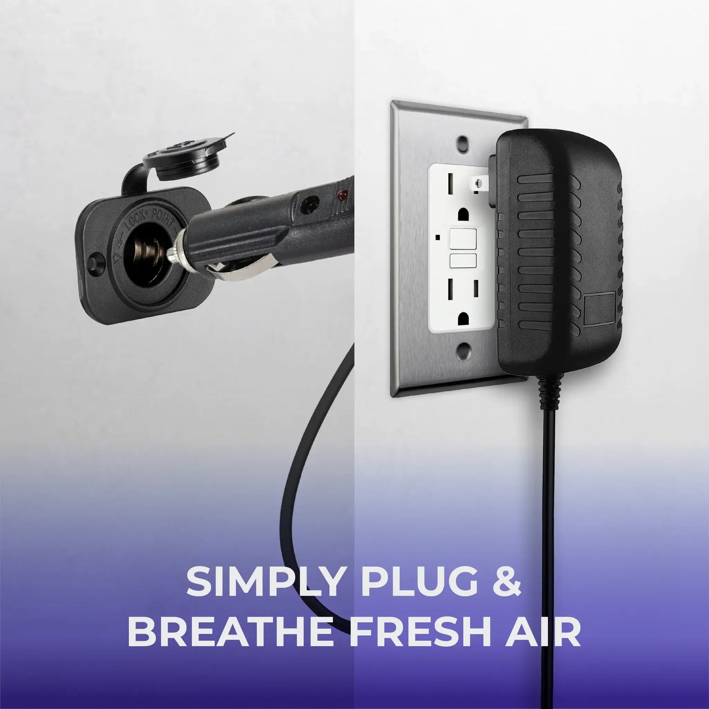 AIRLOCK Voyage - Black power adapter plugged into a wall socket with text 'Simply Plug & Breathe Fresh Air'.