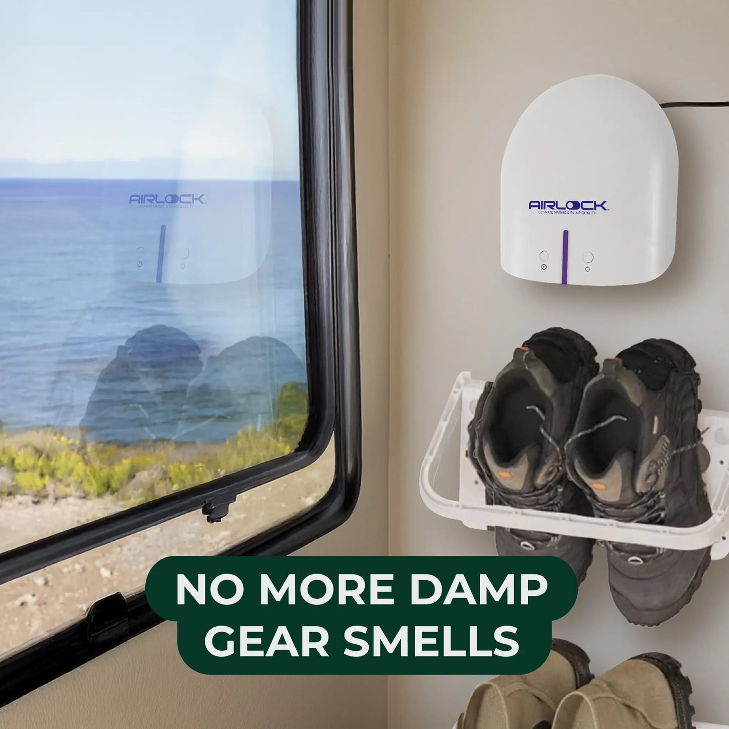 AIRLOCK Voyage mounted on a wall next to a window with shoes on a rack below, promoting odor control.