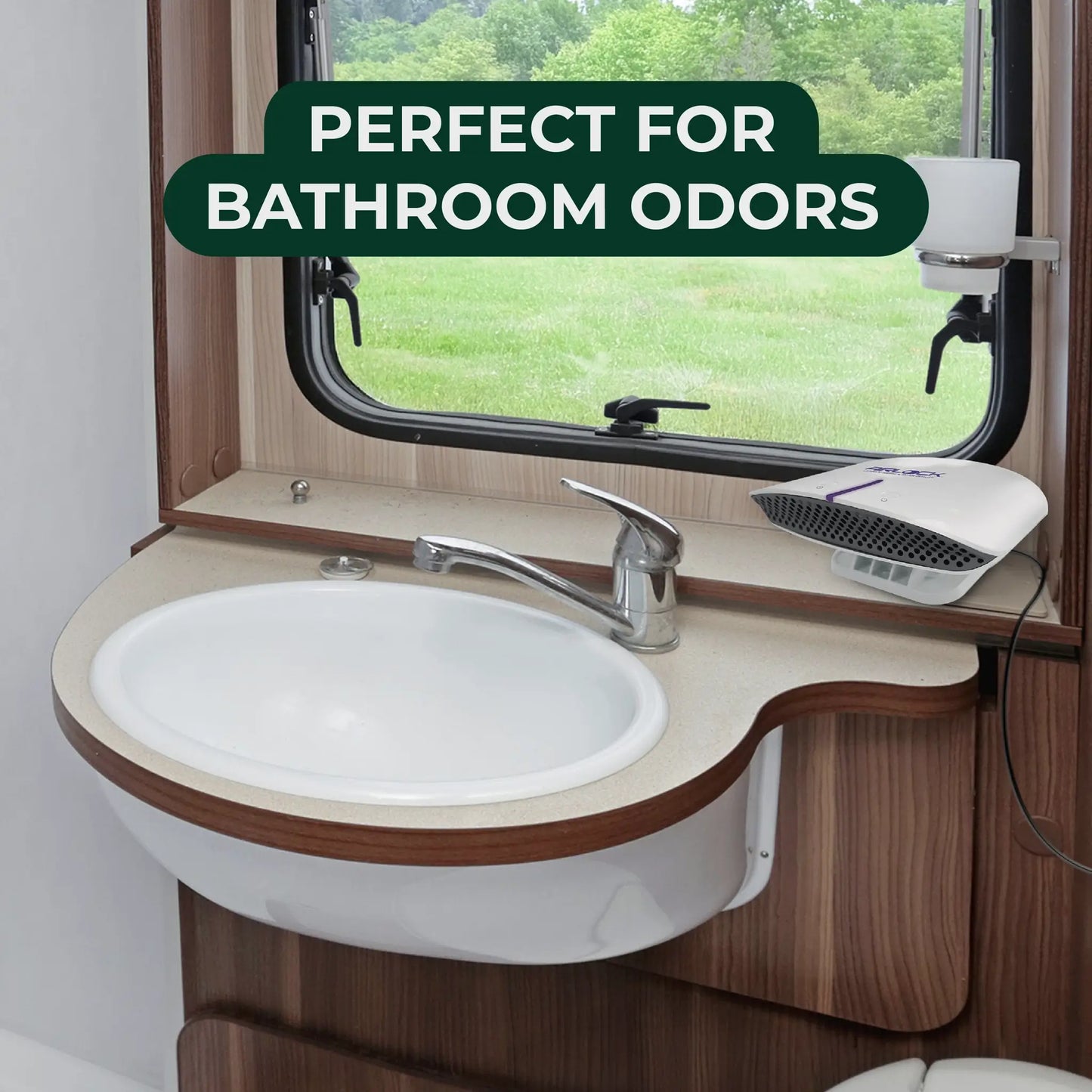 AIRLOCK Voyage - Sink in an RV's bathroom with text 'Perfect for Bathroom Odors' above it.
