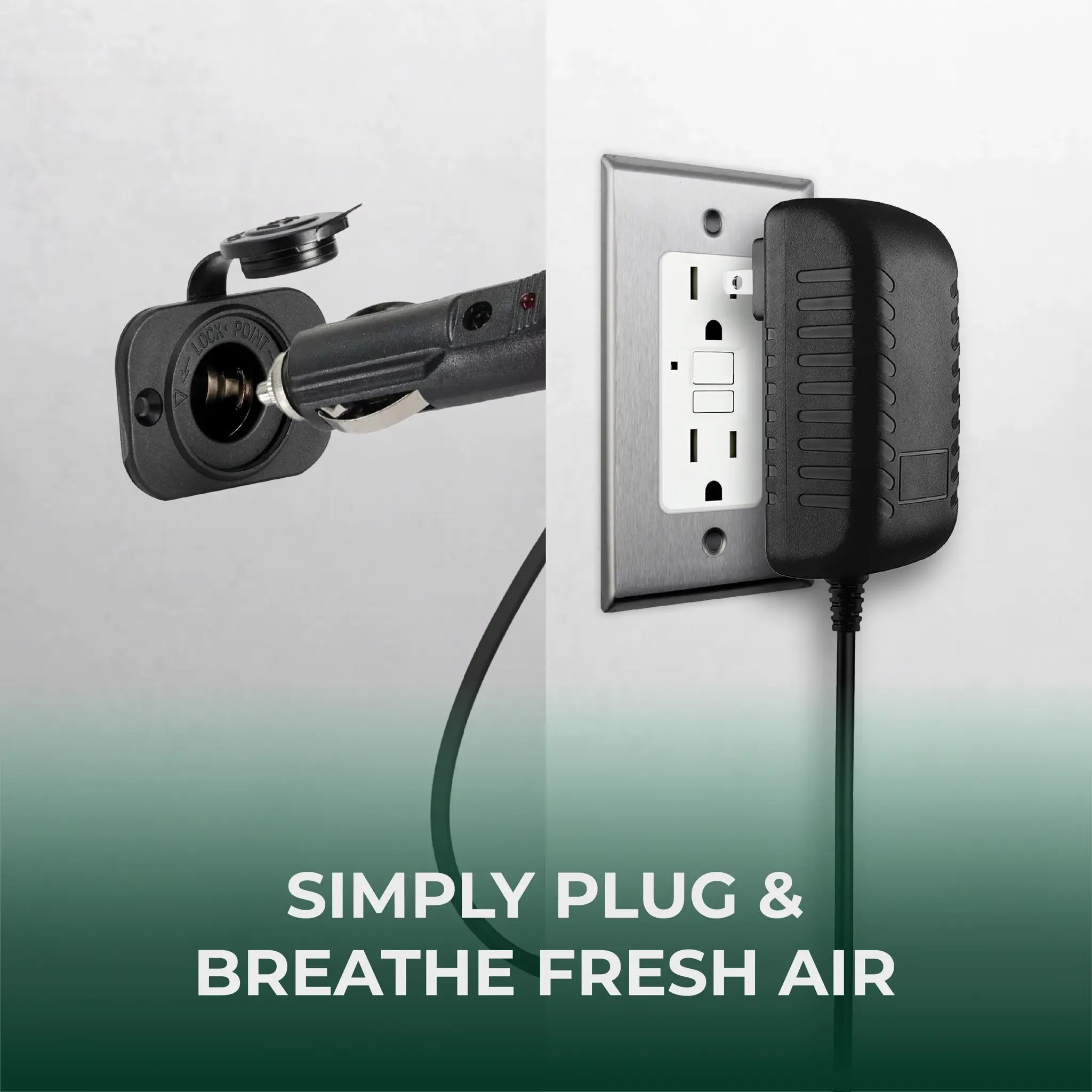 AIRLOCK Voyage - Black power adapter with cable plugged into a wall socket on a gradient background.