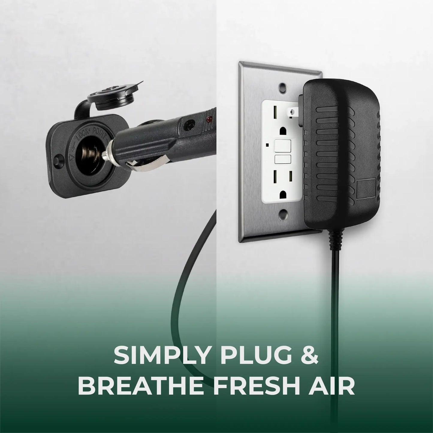 AIRLOCK Voyage - Black power adapter with cable plugged into a wall socket on a gradient background.