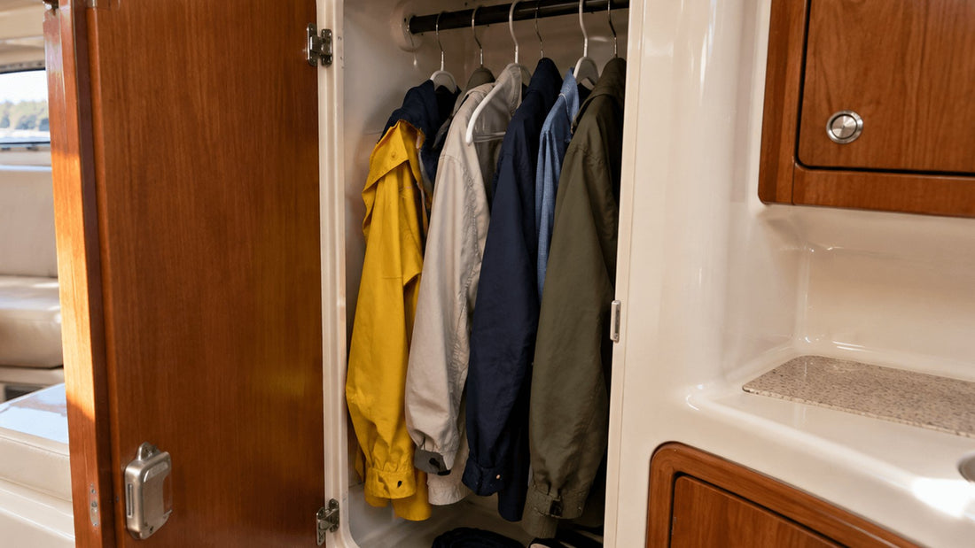 Clothes hanging in a boat cabin locker