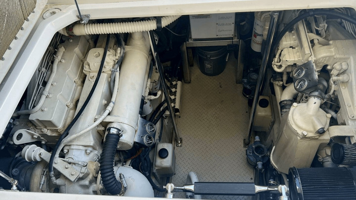 Twin diesel engines in a clean yacht engine room