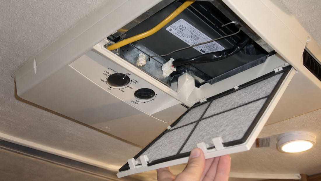Open ceiling AC return with a dusty filter inside an RV cabin
