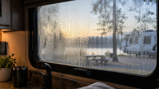Condensation on an RV kitchen window looking out at a campsite
