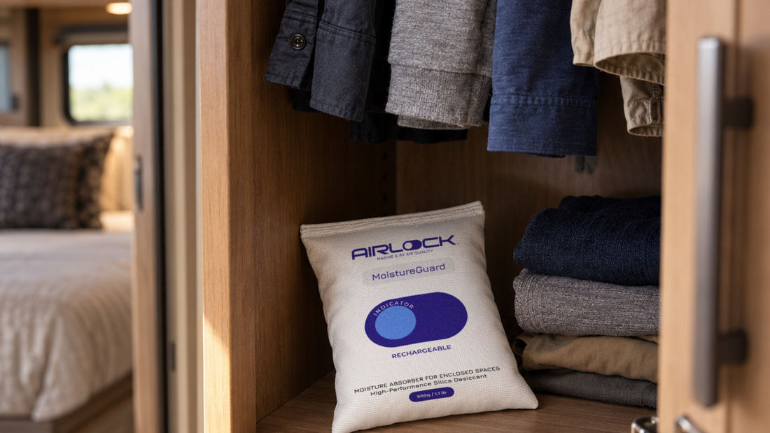 AIRLOCK MoistureGuard pouch on a shelf in an RV closet
