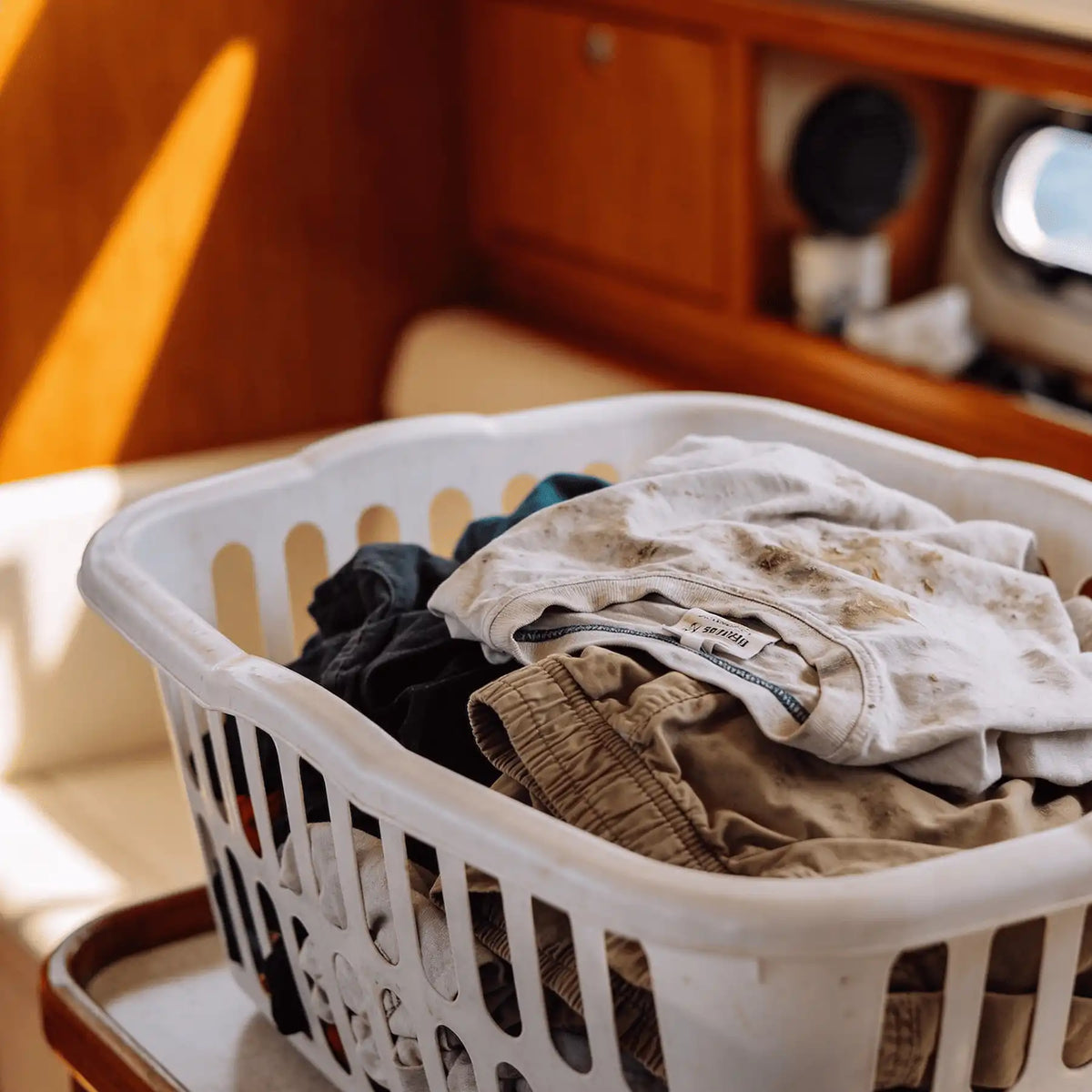 Laundry basket in a boat cabin