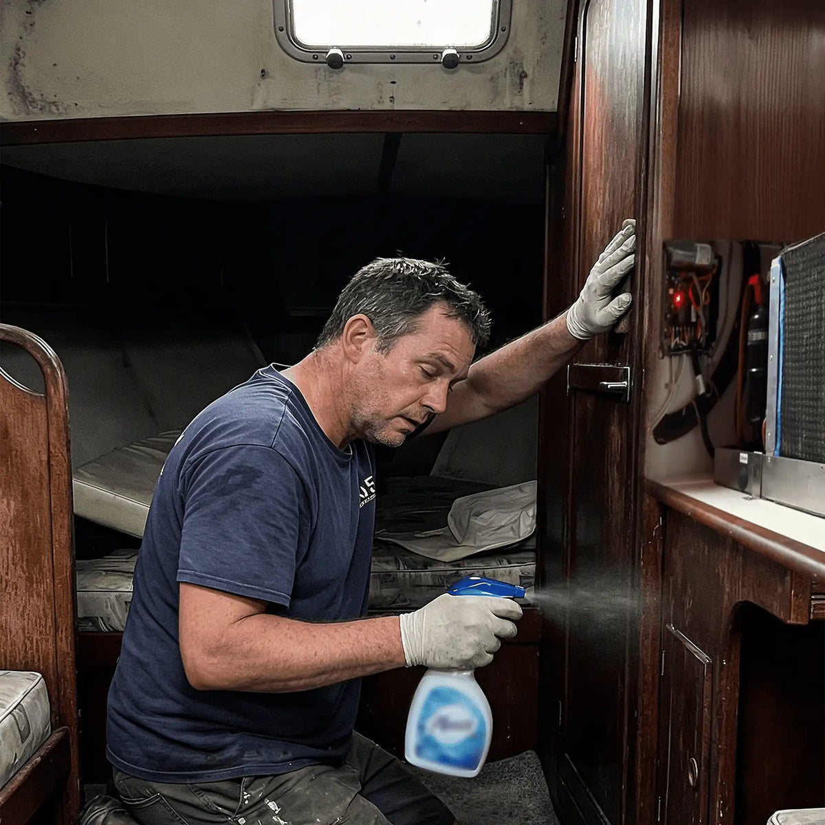 Man spraying a boat cabin