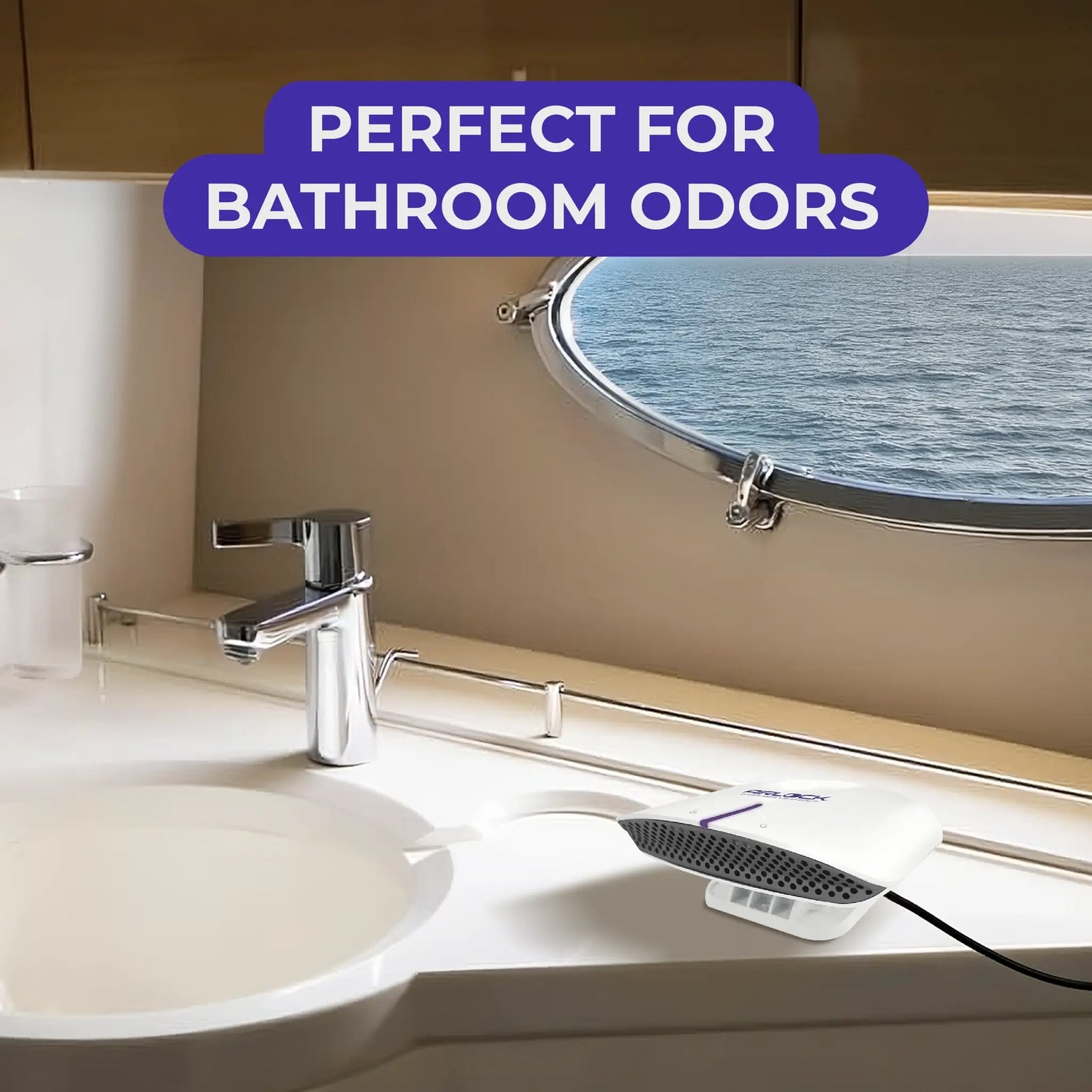 AIRLOCK Voyage - Bathroom sink with a device labeled 'Perfect for Bathroom Odors' next to a window.