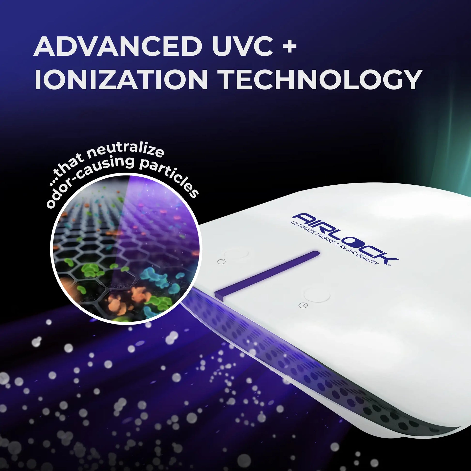 Air purifier AIRLOCK Voyage and text about UVC and ionization technology on a dark background.